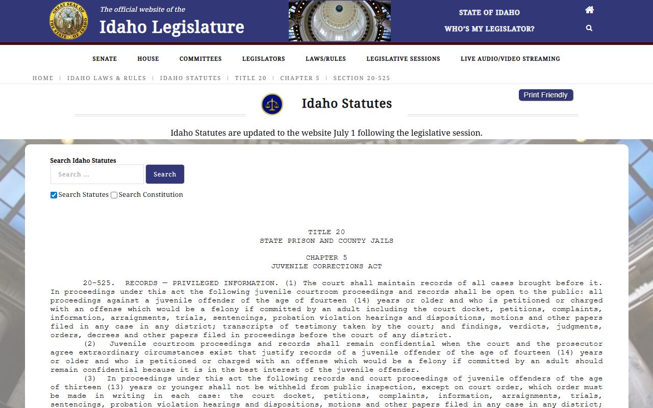 Franklin County criminal court records Idaho juvenile records statute