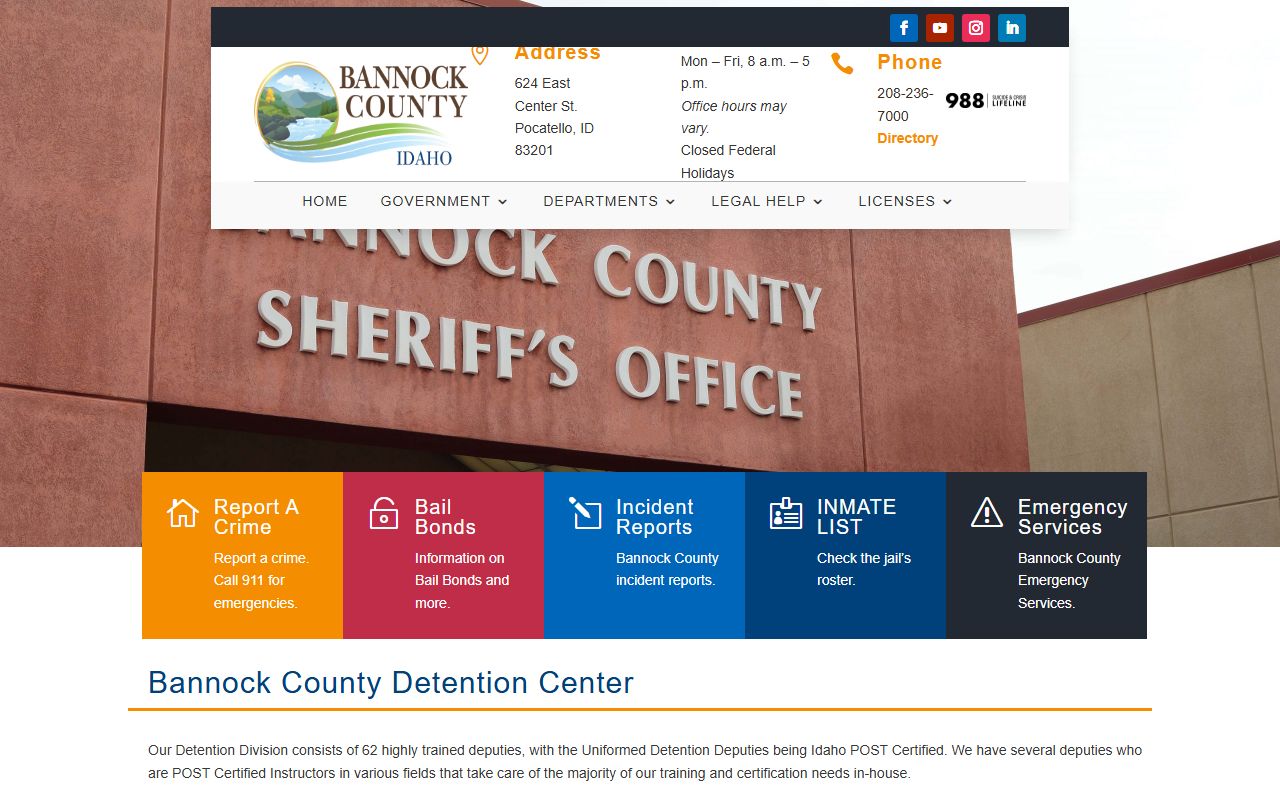 Franklin County inmate records Bannock County Detention Center facility